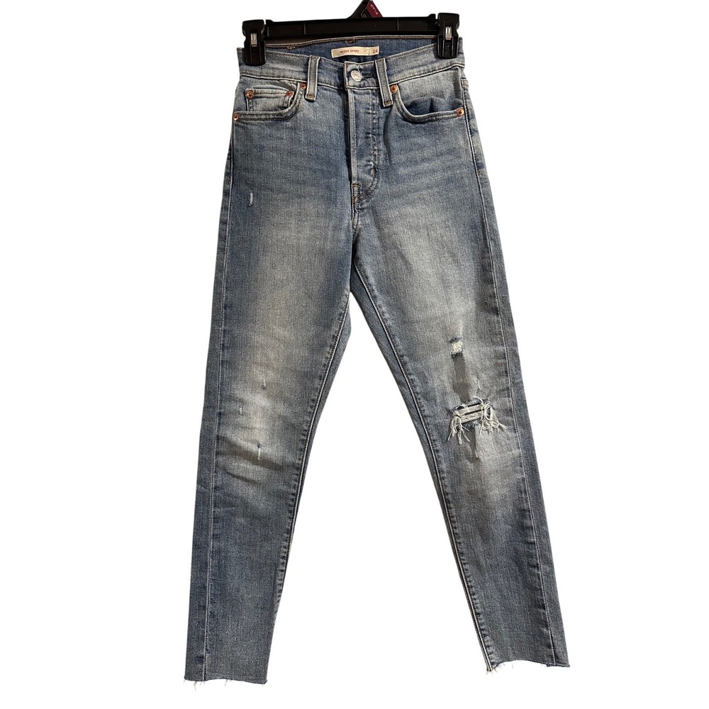 Levis Wedgie Skinny Distressed High Rise Blue Jeans Button Fly Size 24 Raw Hem